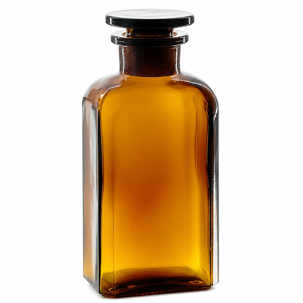 Flacon carré col large 250 ml + bouchon RIN, verre ambré Bouteille carrée à col large de 250 ml en verre brun, munie d'un bouchon vissé