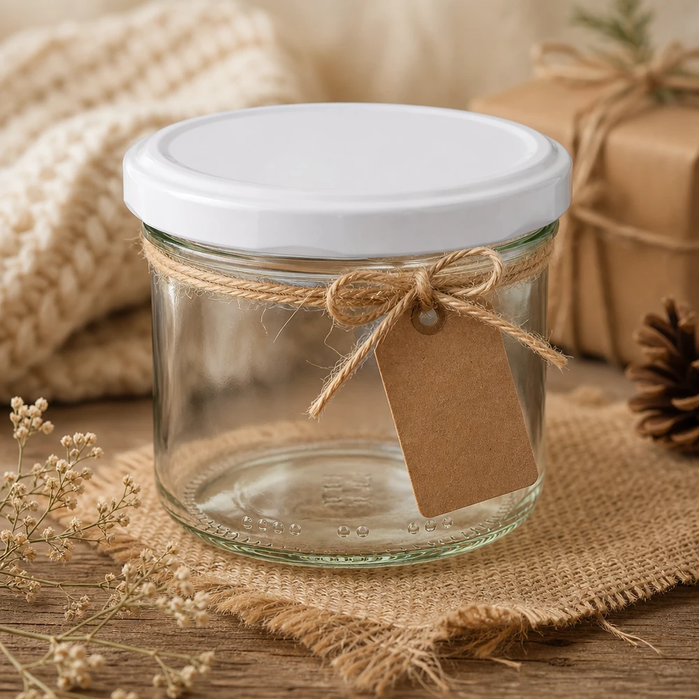 230ml Verre cylindrique avec couvercle BioSeal blanc UNiTWIST Pot cylindrique de 230 ml avec couvercle BioSeal blanc et étiquette cadeau dans une scène décorative rustique avec de la jute et des pommes de pin