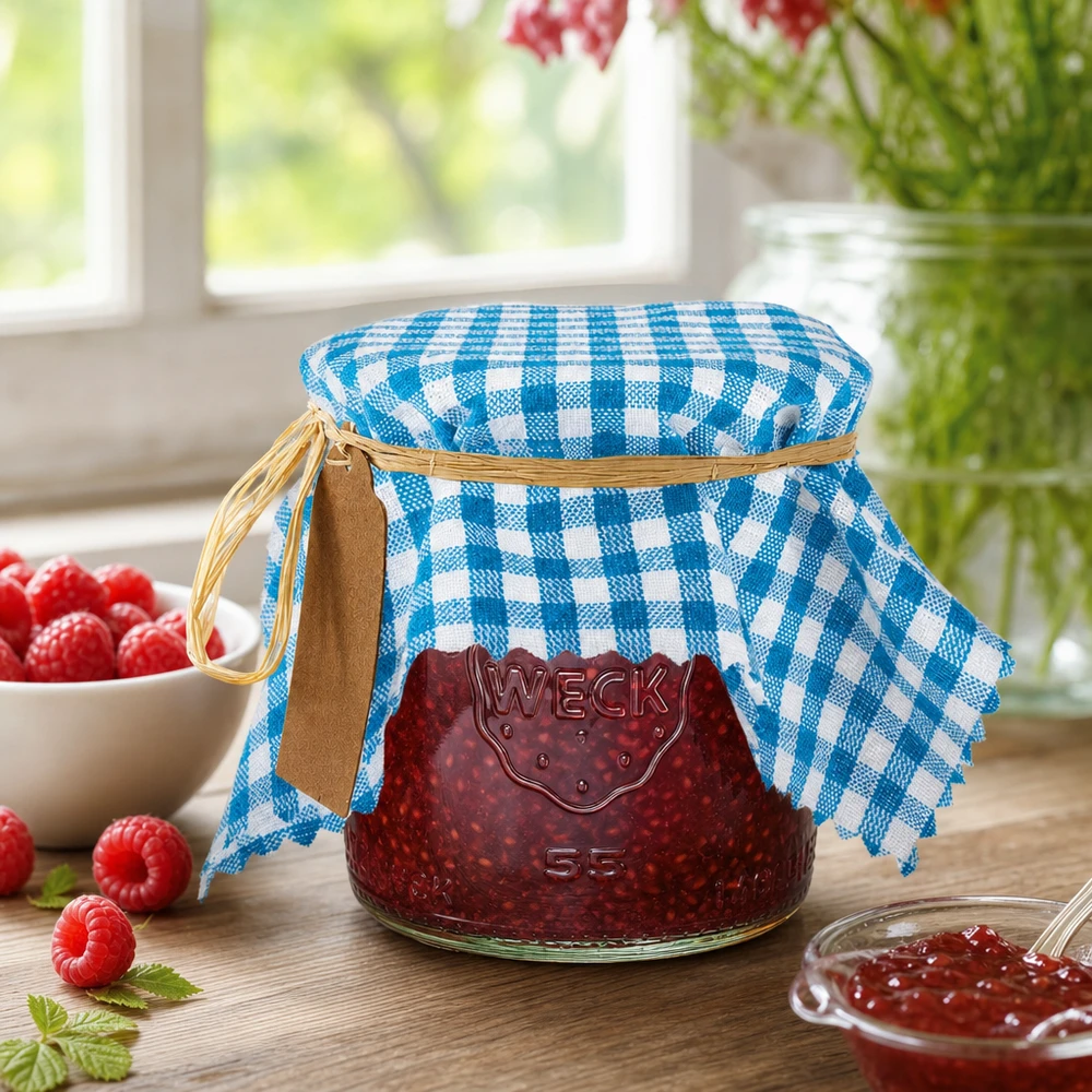 Tissu napperon pour décoratif turquoise à carreaux 15cm carré Couvre-bijoux en tissu turquoise à carreaux 15cm pour la confiture maison avec des framboises mises en scène de manière décorative