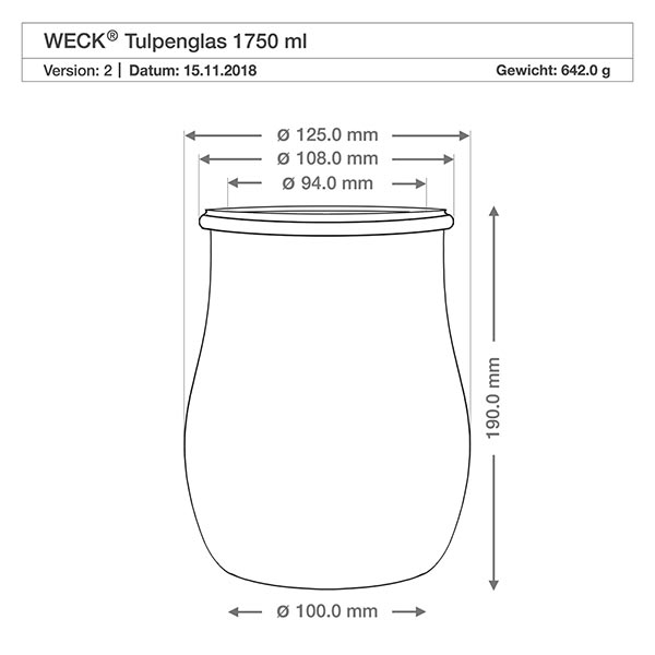 Set de 12 pots Weck 1750ml pots tulipe avec 12 couvercles en verre WECK Pot tulipe 1750ml RR100 dessin technique dimensions dimensions diamètre 125mm hauteur 190mm spécification