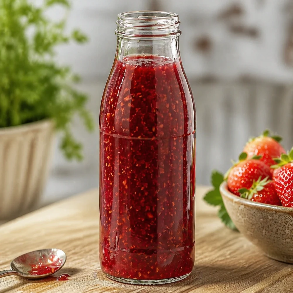 Bouteille en verre de 500 ml sans bouchon TO48 UNiTWIST remplie de confiture rouge à côté de fraises fraîches sur une table en bois