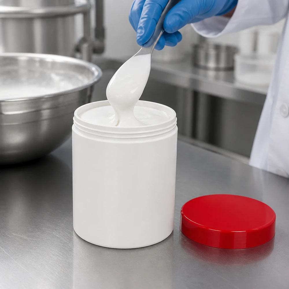 Pot à onguent blanc 300 g avec couvercle rouge (PP) Pot à pommade médicale de 300 ml, blanc, dont le couvercle rouge a été retiré lors du remplissage