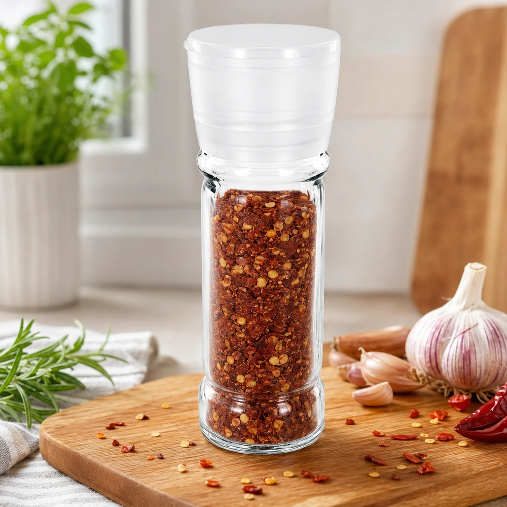 Pot à sel/épices 100 ml avec moulin Vario blanc Pot en verre transparent de 100 ml avec moulin en plastique Vario blanc pour les épices piquantes