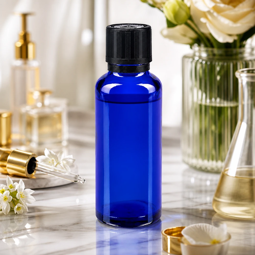 flacon à pharmacie bleu 30ml bouchon inviolable 1mm noir séc. enf. ada.a.ave. bouchon inviolabilité Flacon en verre bleu de 30 ml avec bouchon noir à sécurité enfant, présenté dans une élégante composition « flat lay » de produits de beauté