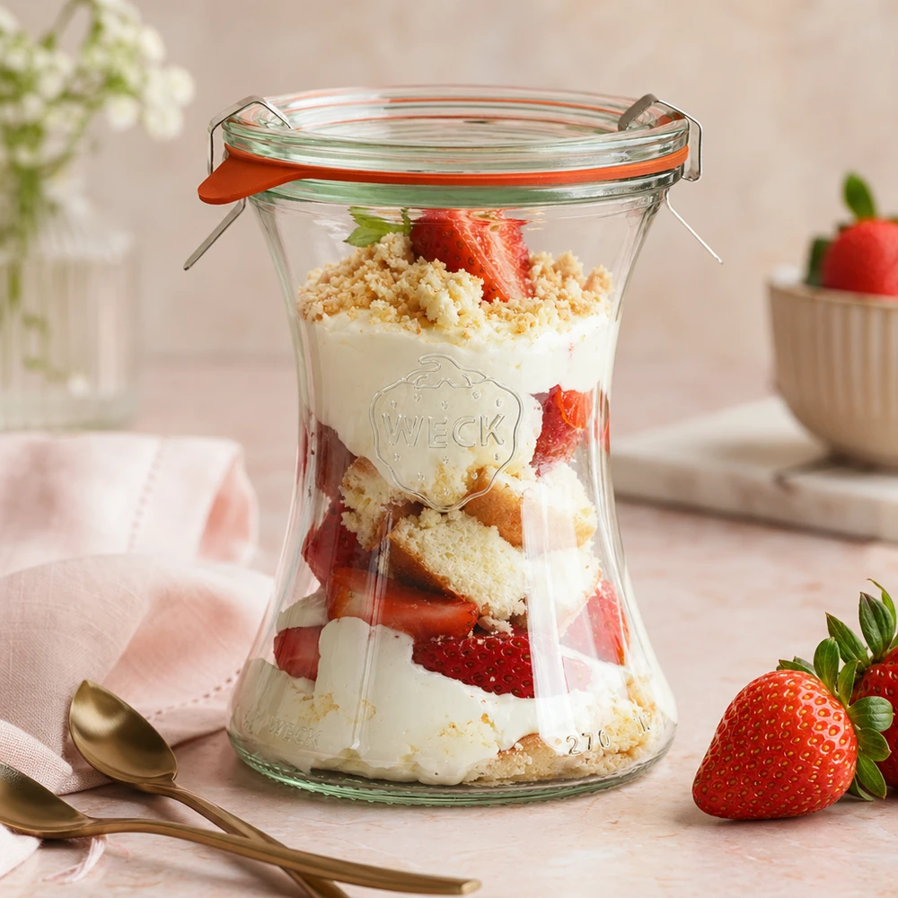 Bocal en verre de 370 ml, modèle WECK RR80 complet WECK Verre à délicatesse 370ml avec dessert aux fraises Dessert en couches Yaourt en miettes rose Ambiance dessert en verre