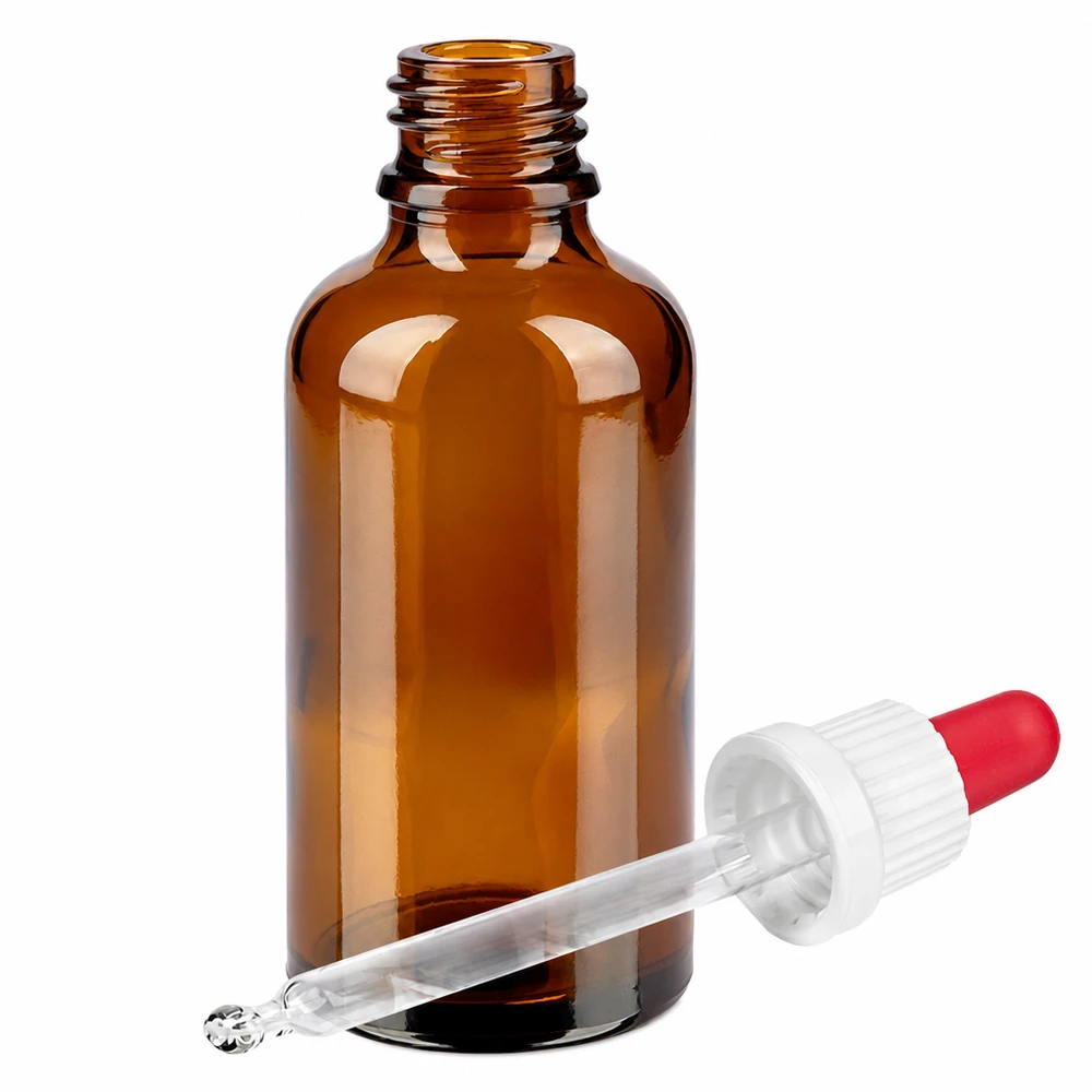 50ml flacon à pipette blanc/rouge OV BrownLine UT18/50 Bouteille en verre brun de 50 ml avec pipette compte-gouttes - idéale pour les huiles essentielles et les applications de laboratoire