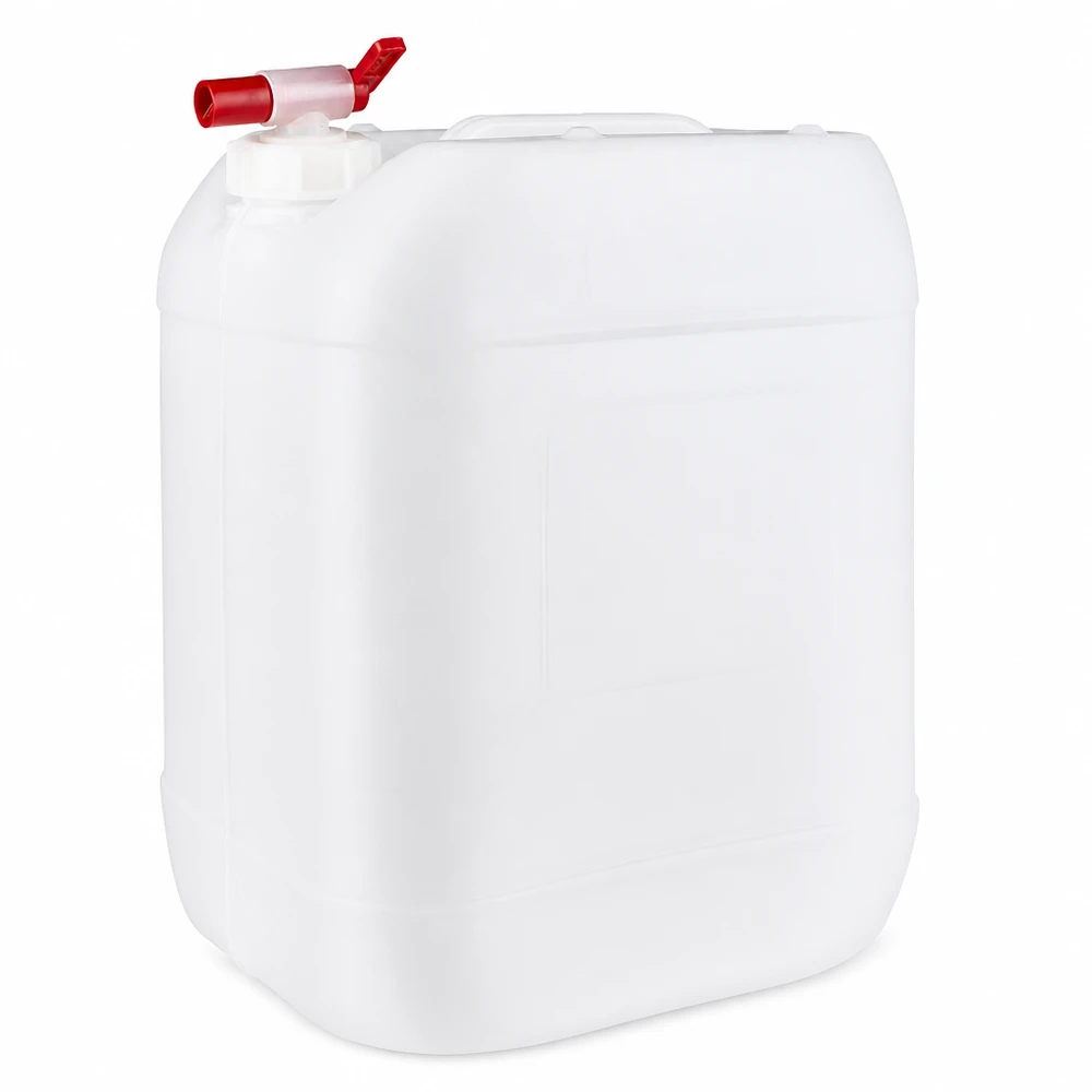 Jerrican de 20 litres avec robinet Bidon rectangulaire blanc de 20 litres, muni d'un robinet rouge pratique sur le dessus