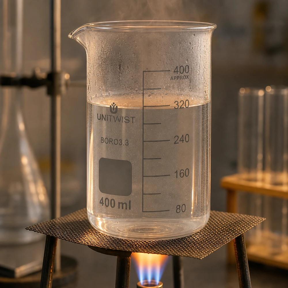 Bécher 400ml borosilicate, forme haute UNITWIST UNITWIST, bécher de 400 ml, forme haute, en verre borosilicaté, trempé directement à la flamme