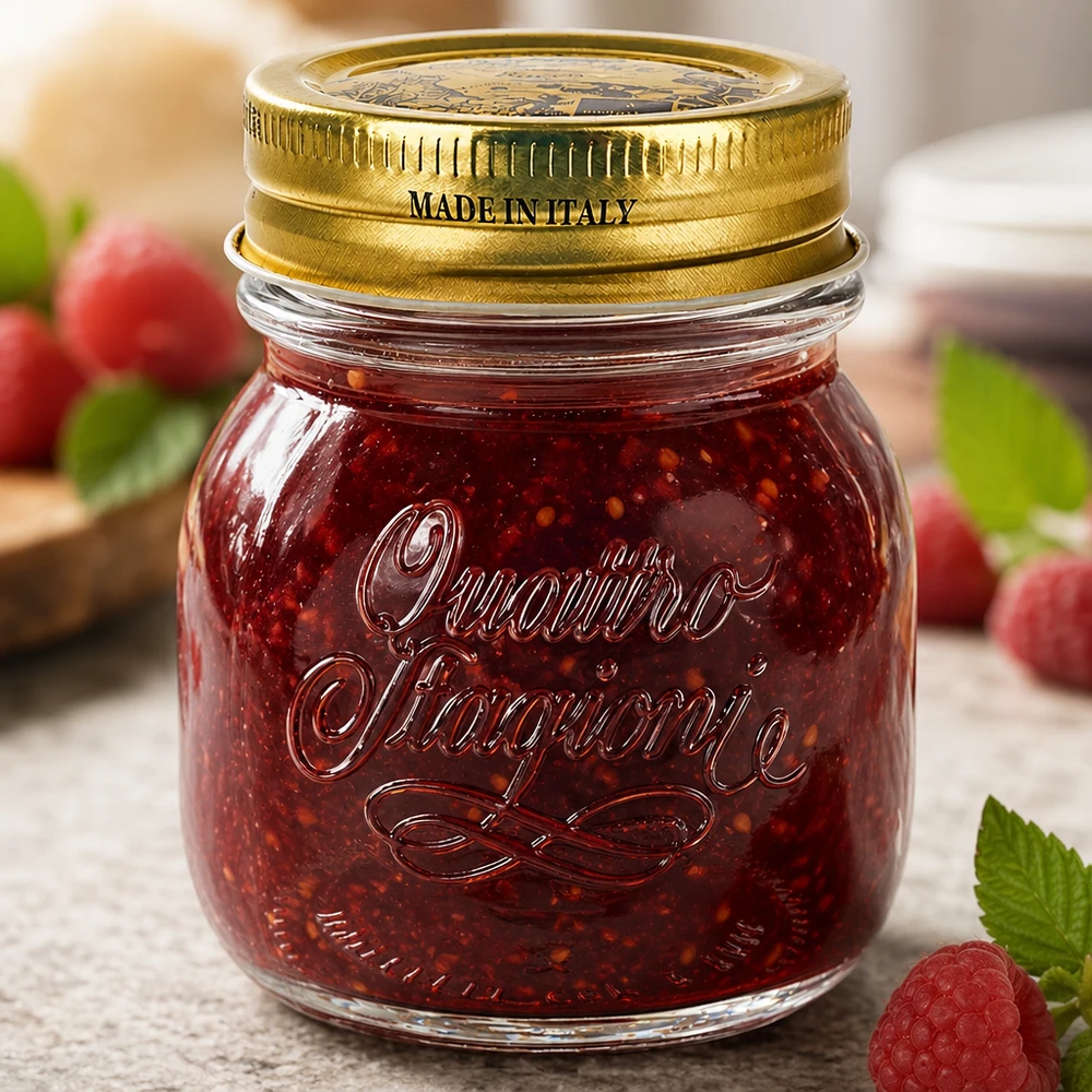 Verre rond 150ml « Quattro Stagioni » avec couvercle Pot rond Quattro Stagioni de 150 ml avec couvercle doré Made in Italy rempli de confiture rouge et de baies fraîches