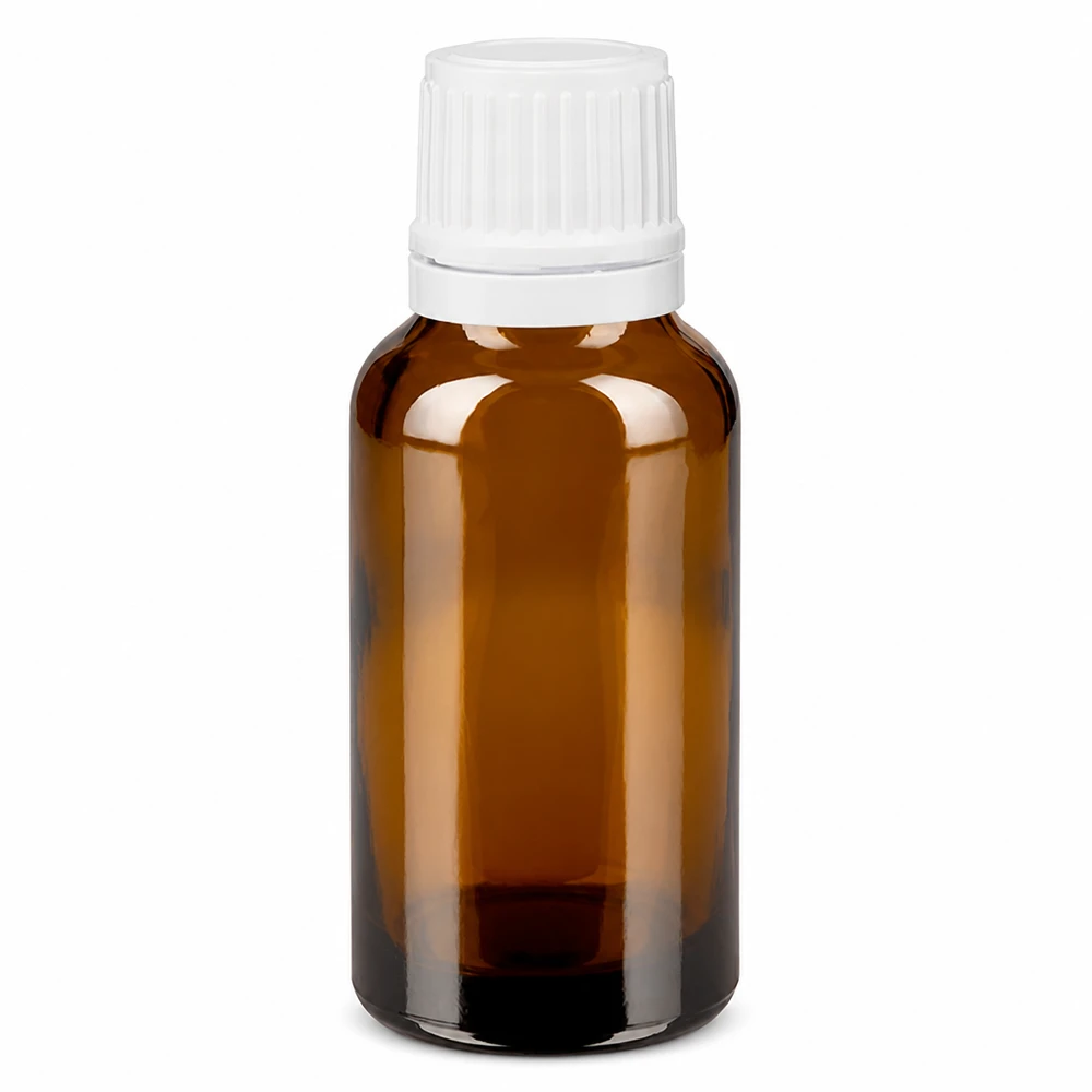 Petit flacon compte-gouttes de 20 ml en verre d'apothicaire brun avec bouchon OV blanc et ouverture de 0,7 mm