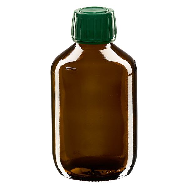 Flacon à usage médical de 200 ml, marron, avec bouchon d'inviolabilité vert