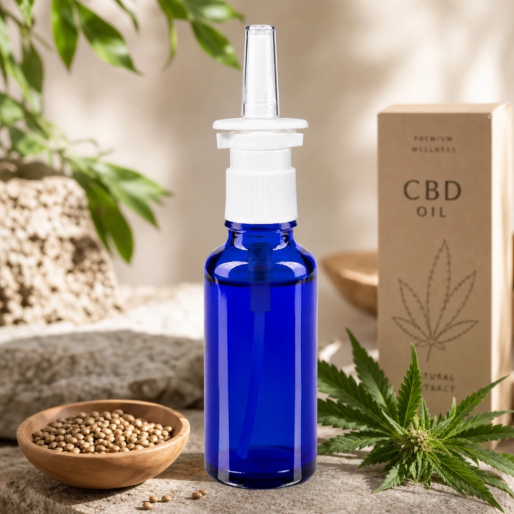 Flacon vaporisateur en verre bleu de 30 ml avec pompe blanche, orné d'un motif représentant un plant de chanvre et des graines