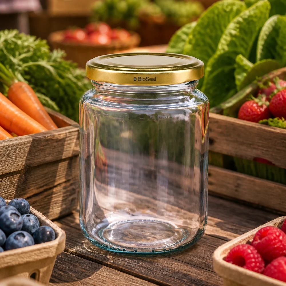 UNiTWIST Runda382 Pot de conservation sur table en bois avec fruits et légumes frais, couvercle TO66 BioSeal doré, cuisine de campagne