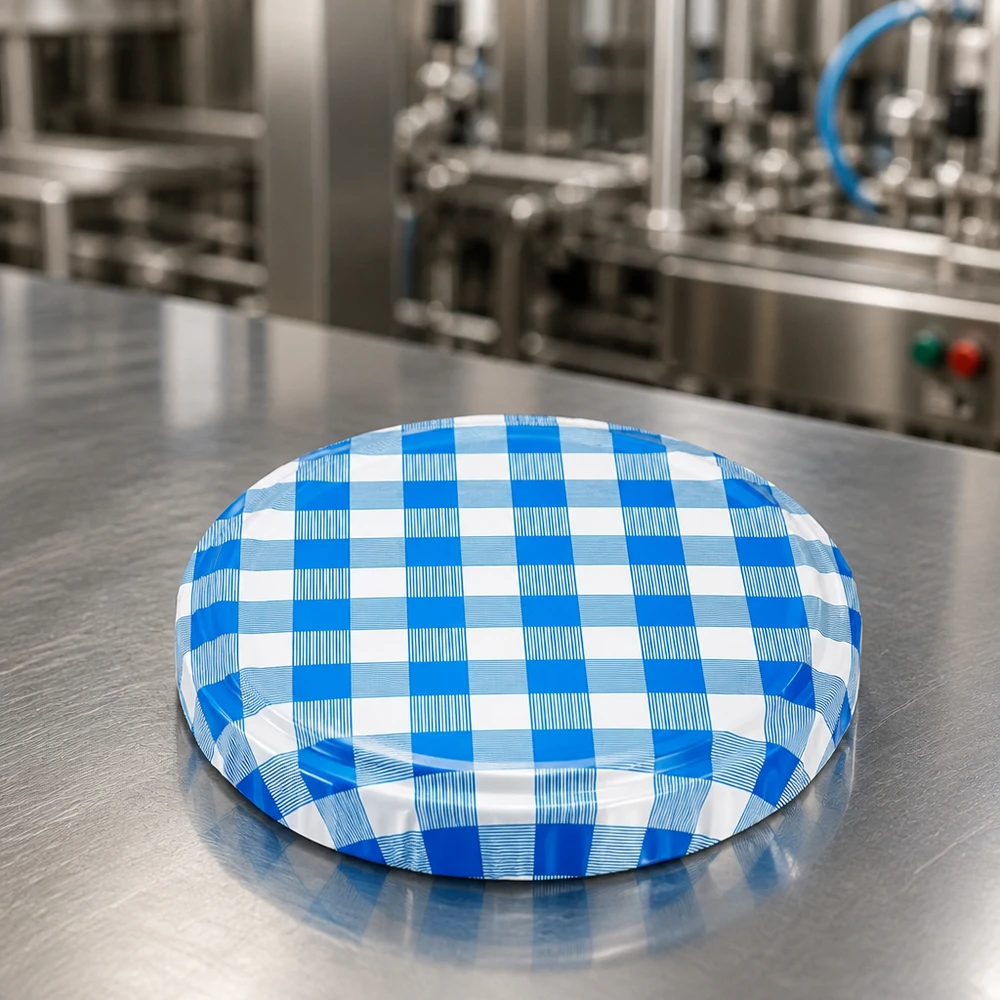 82mm BasicSeal bouchon carreau bleu/blanc (TO82) UNiTWIST Couvercle rond BasicSeal TO82 à carreaux bleus et blancs – vue de dessus – production alimentaire