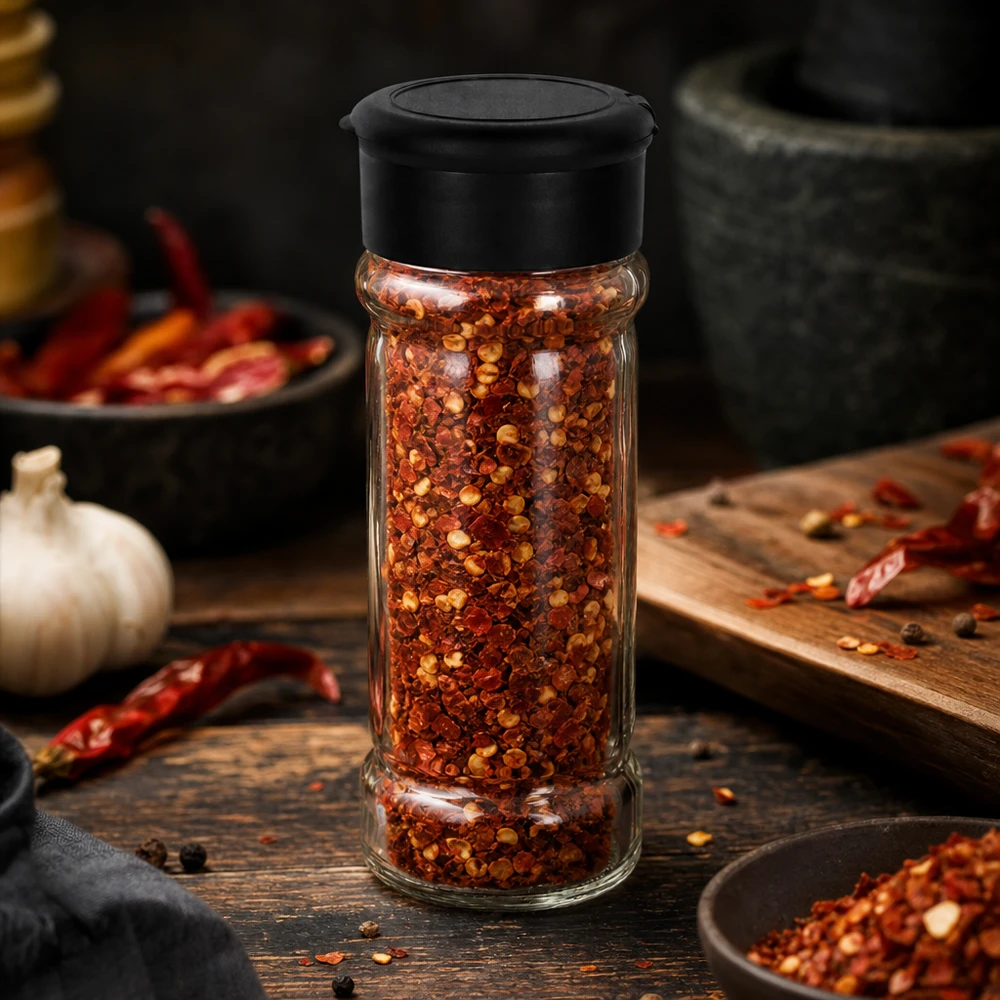 Pot à sel/épices 100 ml avec saupoudreuse, noir Petit flacon en verre de 100 ml avec un couvercle noir, contenant des piments séchés