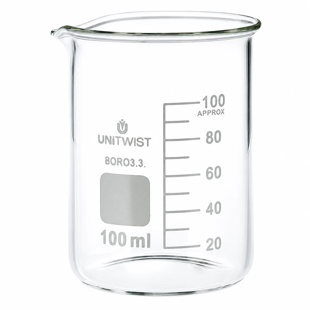 Bécher 100ml borosilicate, forme basse UNiTWIST Bécher de 100 ml en verre borosilicaté transparent, de forme basse, destiné aux laboratoires et aux établissements scolaires