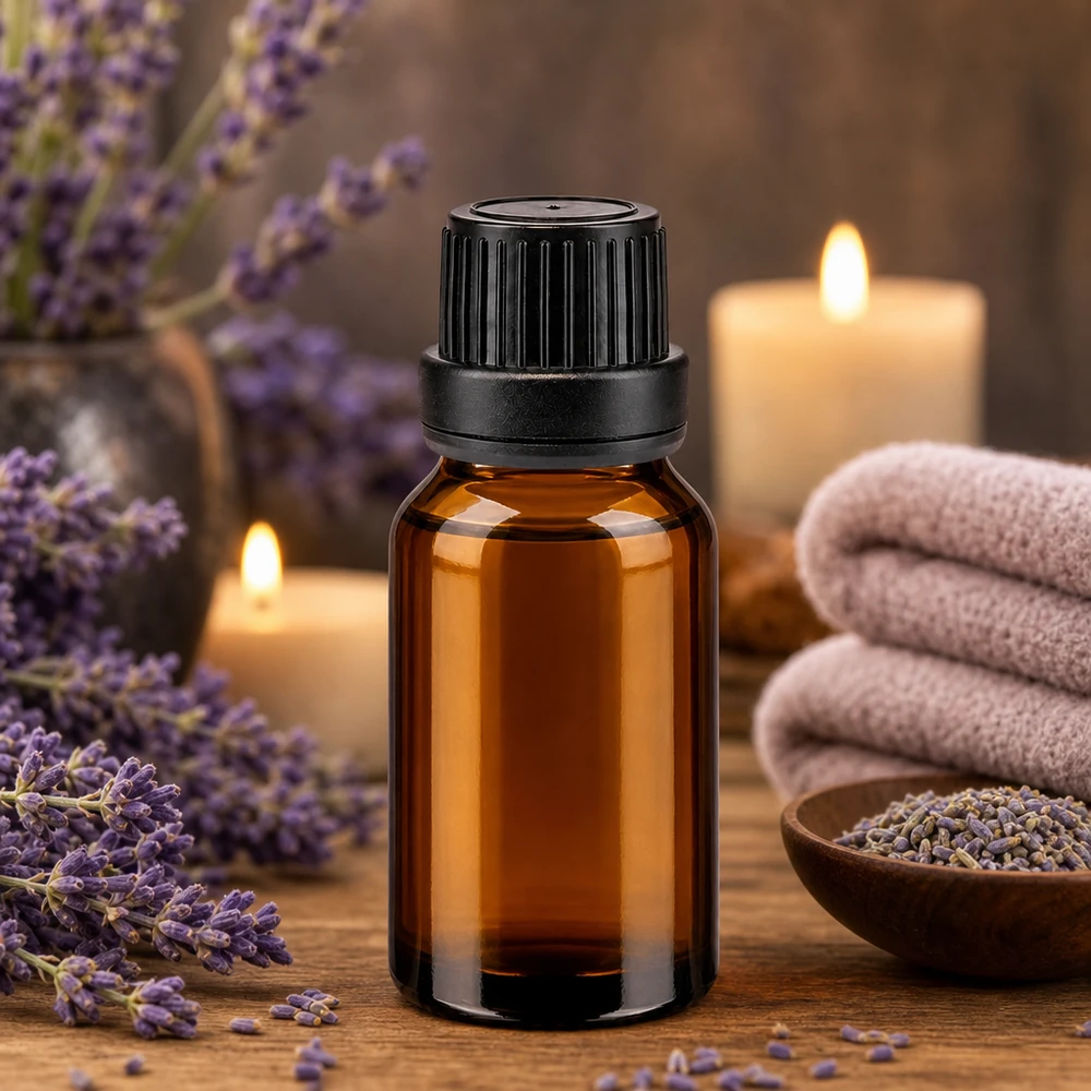 Flacon cylindrique en verre ambré de 15 ml, muni d'un bouchon à vis noir avec joint d'étanchéité, destiné aux huiles essentielles