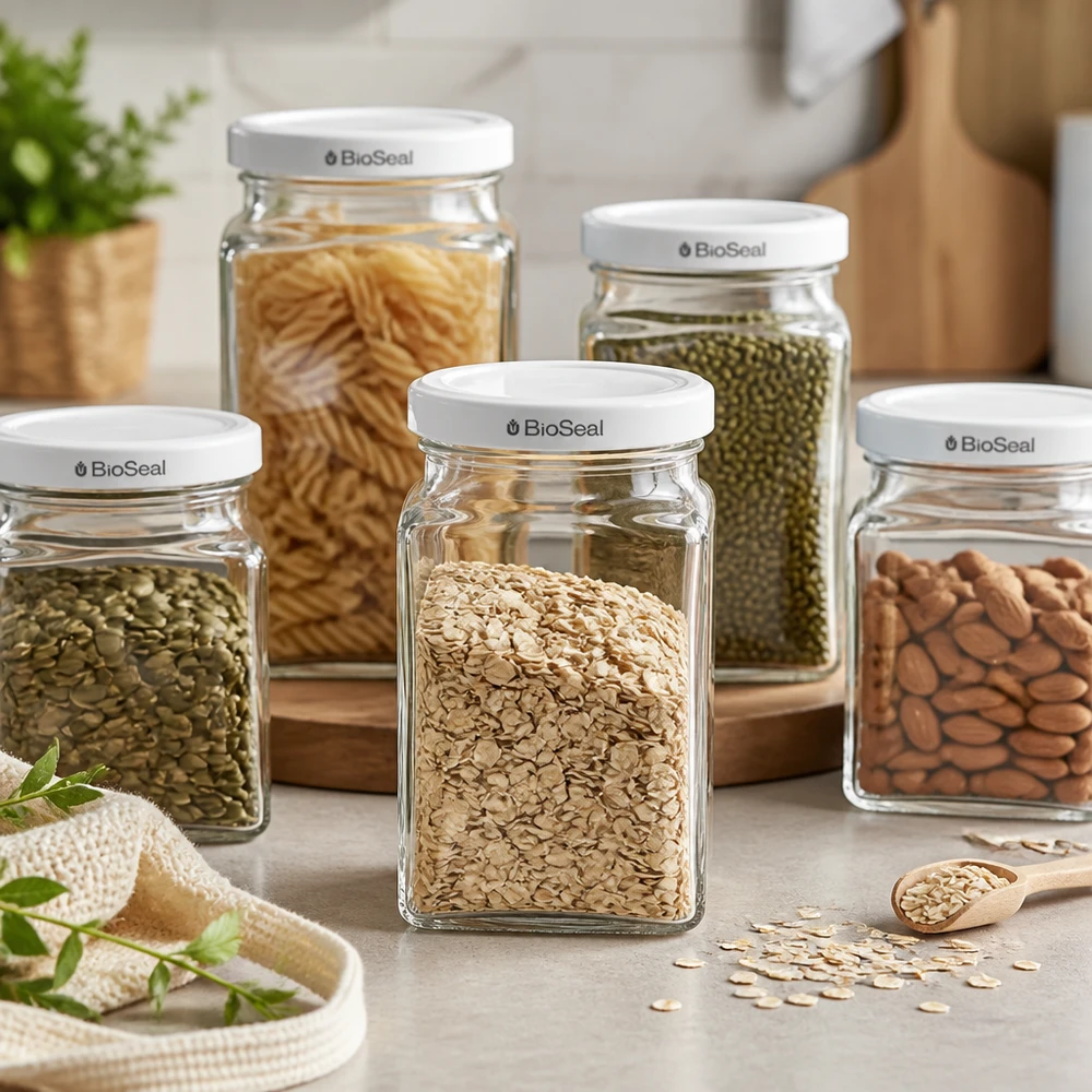 UNiTWIST Tetra260 Ensemble de bocaux de stockage avec flocons d'avoine haricots mungo nouilles amandes blanc TO58 BioSeal couvercle Pantry Organisati