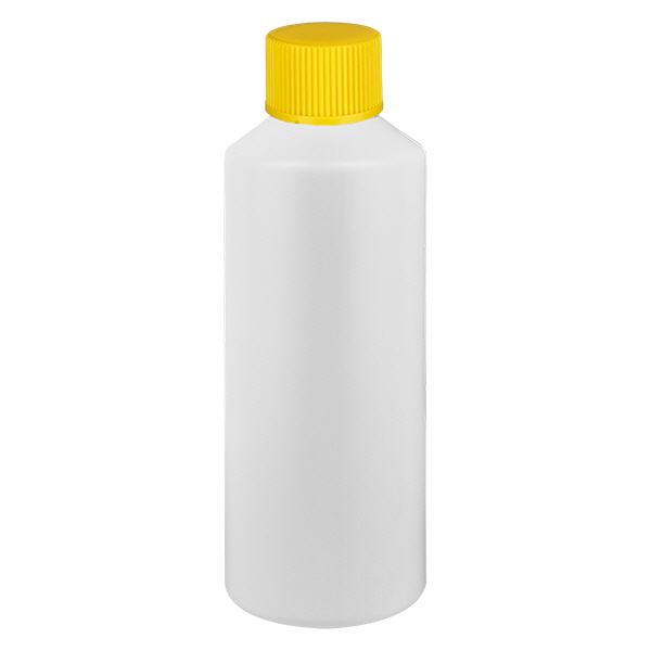 Flacon à pharmacie HDPE 100ml blanc avec bouchon vissable jaune