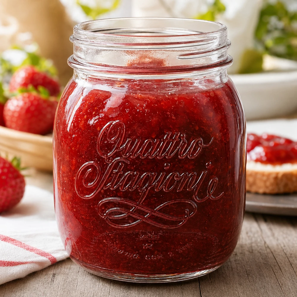 Pot ménager Quattro Stagioni de 700 ml rempli de confiture rouge à côté de fraises fraîches sur une table en bois