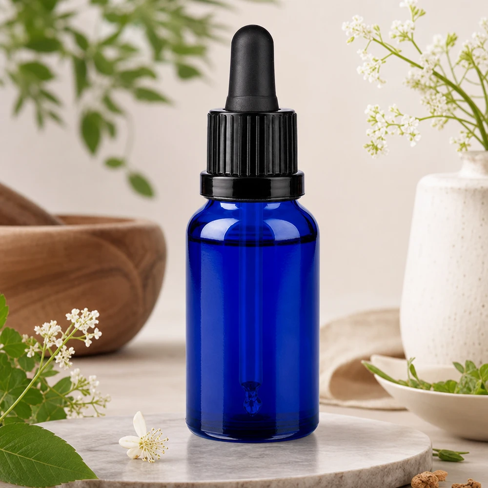 Flacon à pipette 20ml noir OV BlueLine UT18/20 Qualité pharmaceutique : flacon à pipette de 20 ml avec protection contre les UV grâce au verre bleu et au bouchon étanche