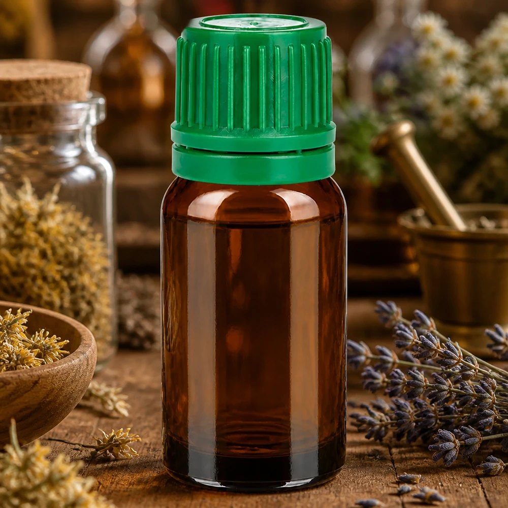 Flacon 10ml 11mm SV vert OV BrownLine UT18/10 Flacon de 10 ml en verre brun résistant aux UV avec bouchon vert de sécurité pour les enfants pour la médecine naturelle