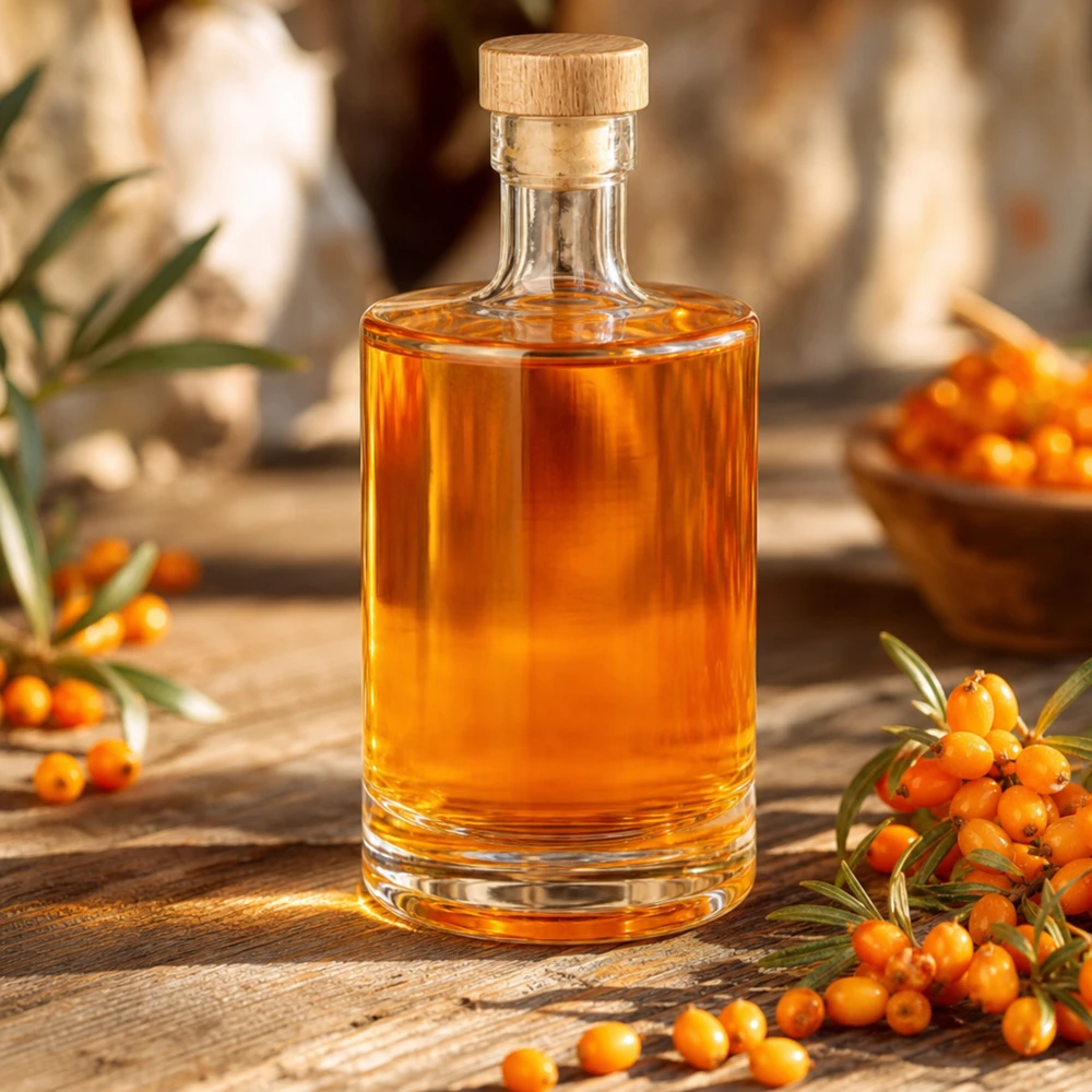 Bouteille en verre 500 ml « 500ml Glasflasche "Marie" mit Holzgriff-Korken UNiTWIST » avec bouchon en bois UNiTWIST® Bouteille en verre Marie de 500ml remplie de liqueur d'argousier - bouchon en bois UNiTWIST - image décorative avec baies d'argousier