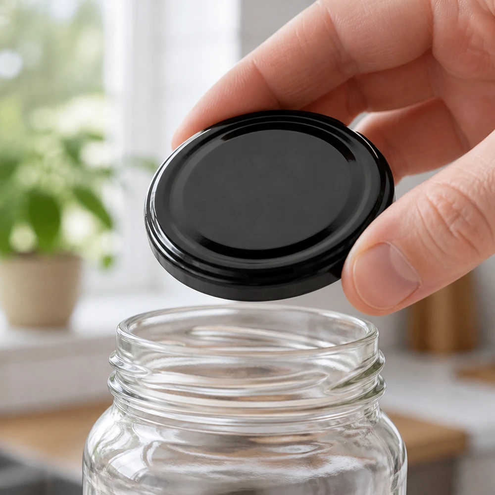 Couvercle métallique TO43 noir de 43 mm, UNiTWIST, s'adaptant parfaitement à un bocal de conservation transparent