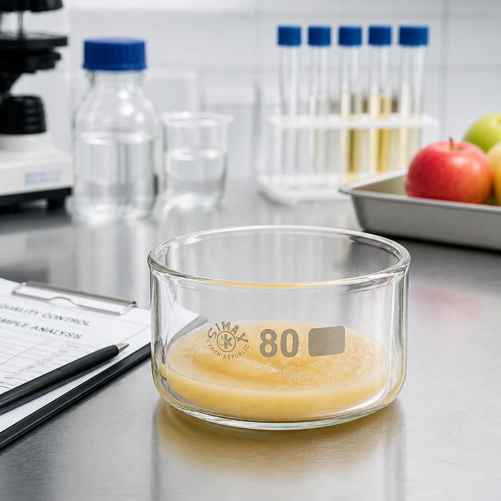 Bol en verre SIMAX de 150 ml lors d'un contrôle qualité : analyse alimentaire avec des fruits en arrière-plan