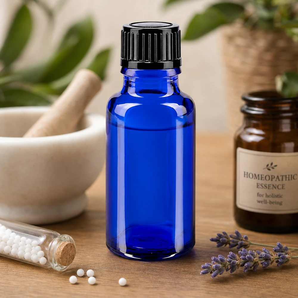 Flacon protecteur contre la lumière, bleu, 20 ml, ApoGlas, avec compte-gouttes de précision de 1 mm pour huiles essentielles