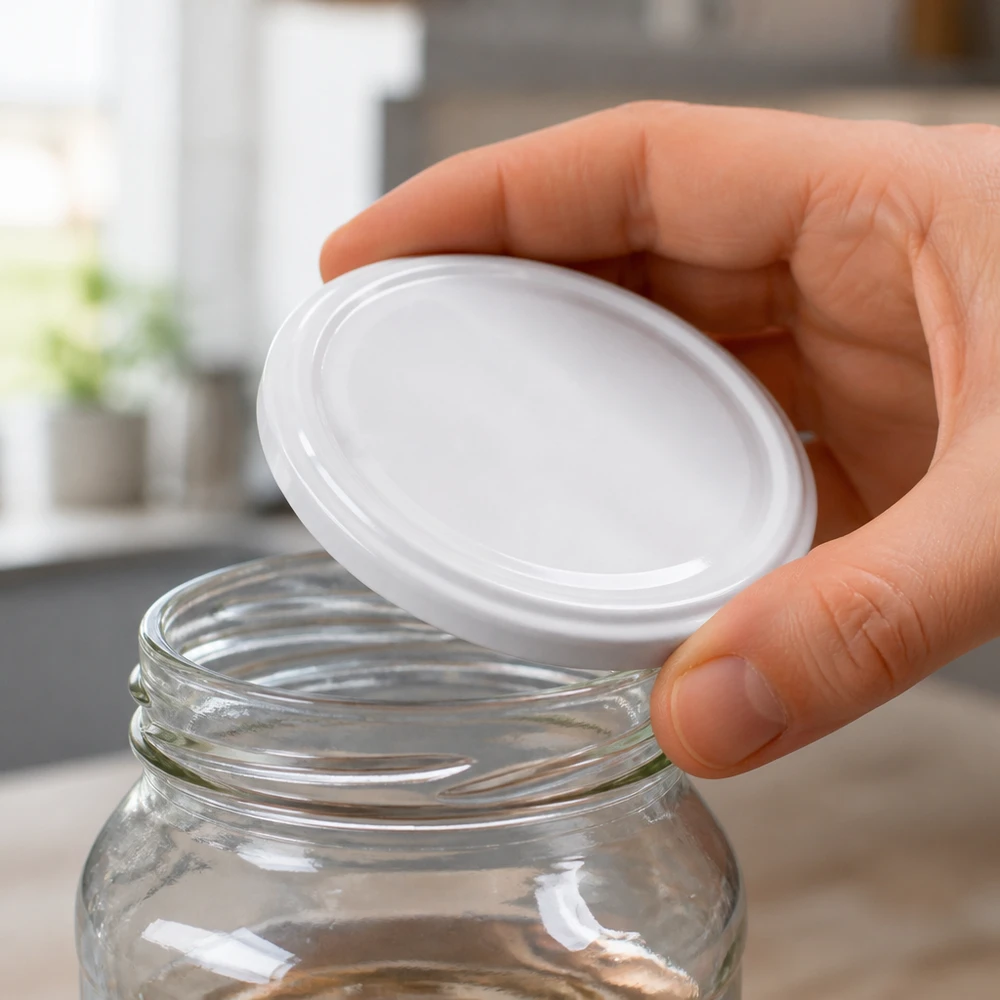 UNiTWIST TO43 blanc, BioSeal, sans BPA, unitemp Une main pose un couvercle blanc UNiTWIST TO43 sans BPA sur un bocal en verre transparent