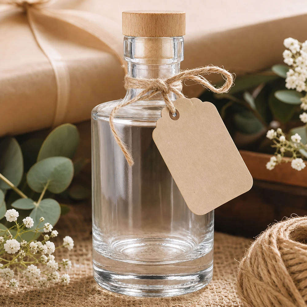 Bouteille en verre 200ml Marie vide avec bouchon en bois, pendentif en papier kraft, emballage cadeau avec eucalyptus et gypsophile