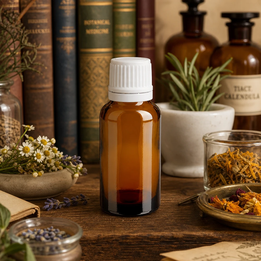 Flacon en verre ambré de 20 ml avec bouchon blanc, posé sur une table en bois et entouré de lavande, de camomille et de souci