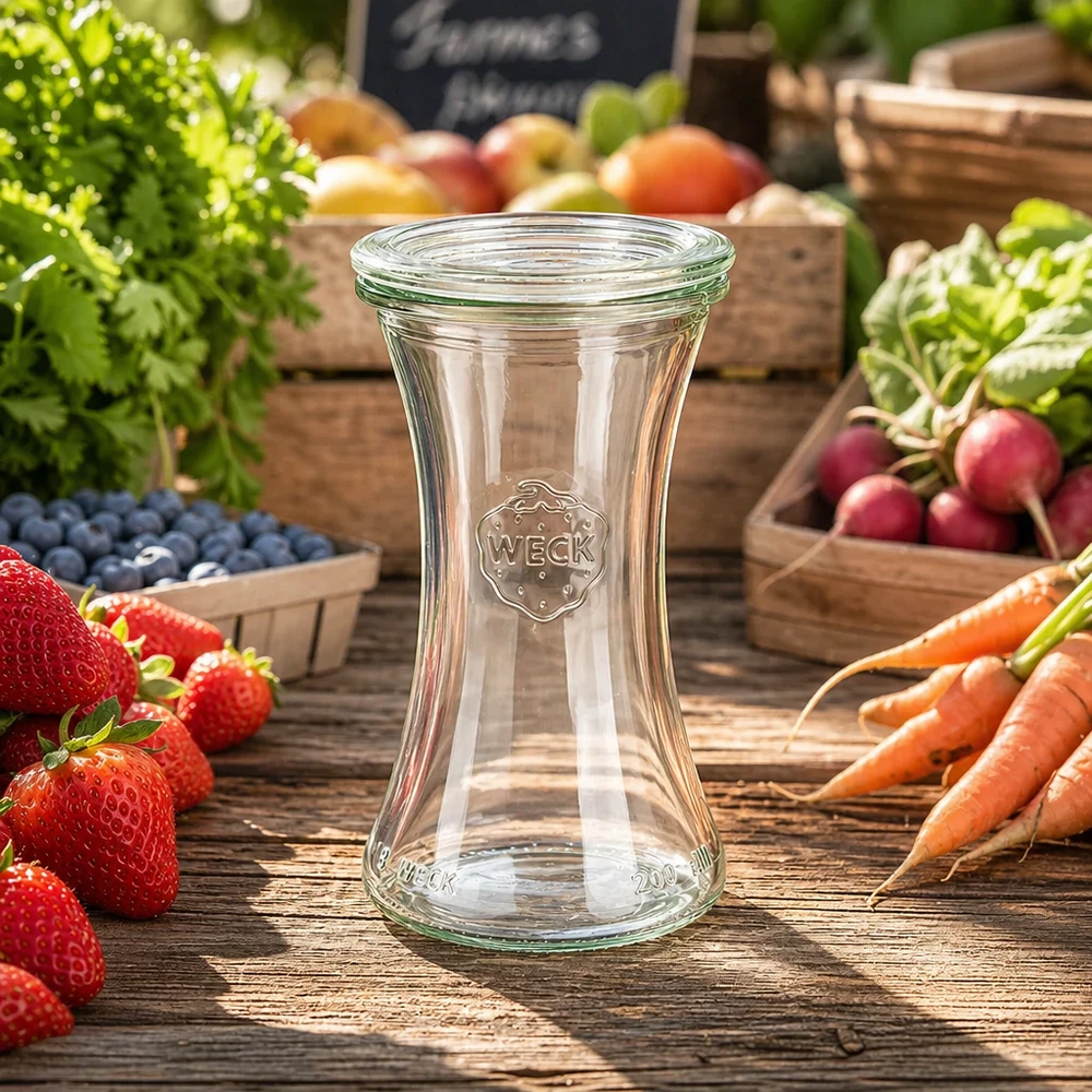 WECK Pot à délicatesse 200ml RR60 vide sur table en bois avec fruits frais légumes fraises carottes décoration naturelle