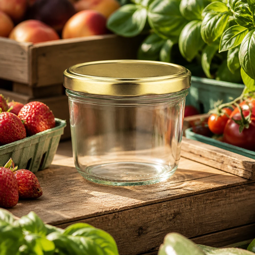 230ml Verre conique avec couvercle BasicSeal or UNiTWIST Verre renversé de 230 ml avec couvercle doré BasicSeal sur une planche en bois rustique entourée de fraises et de tomates fraîches