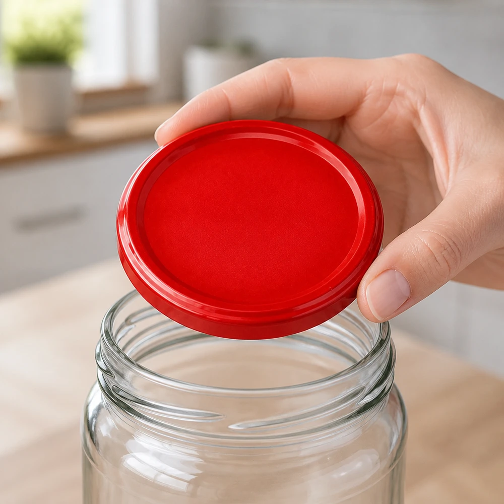 Une main place un couvercle métallique rouge BasicSeal TO82 de 82 mm sur un bocal en verre transparent