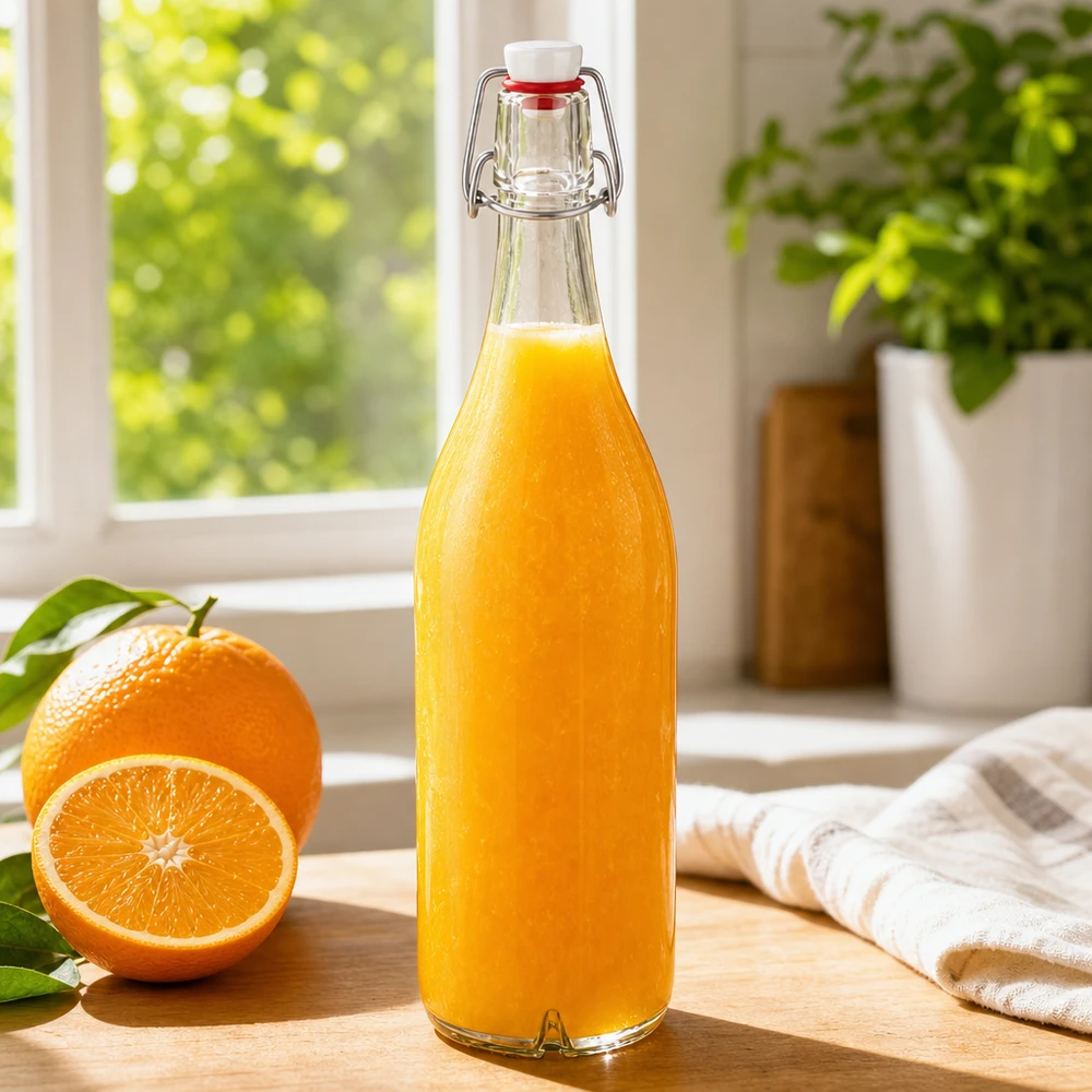 Bouteille en verre de 1000ml avec bouchon à étrier PVC remplie de jus d'orange frais à côté d'une orange sur un rebord de fenêtre en bois