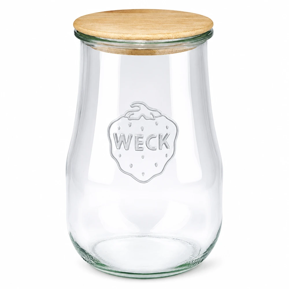 WECK Bocal de conservation 1750ml en forme de tulipe avec couvercle en bois en bambou, verre clair avec logo WECK, bocal de conservation pour la cuisine