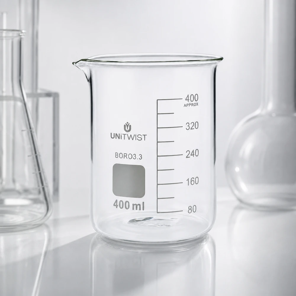 Beker 400ml borosilicaat, lage vorm UNiTWIST Bécher professionnel en verre borosilicaté UNiTWIST de 400 ml, avec graduation jusqu'à 400 ml (environ)
