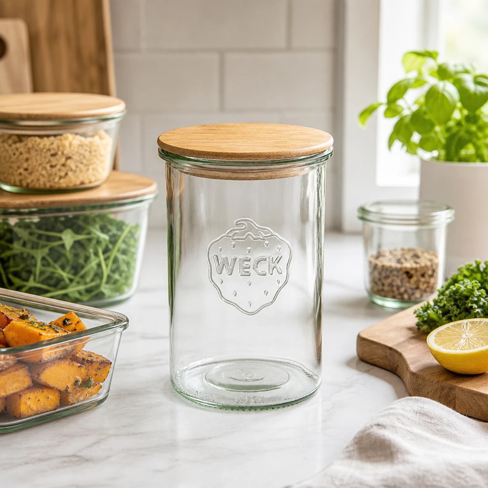 1000ml bocal conique WECK RR100 avec couvercle en bois WECK Bocal 1000ml RR100 vide avec couvercle en bois dans une scène de cuisine moderne avec légumes et autres bocaux à provisions