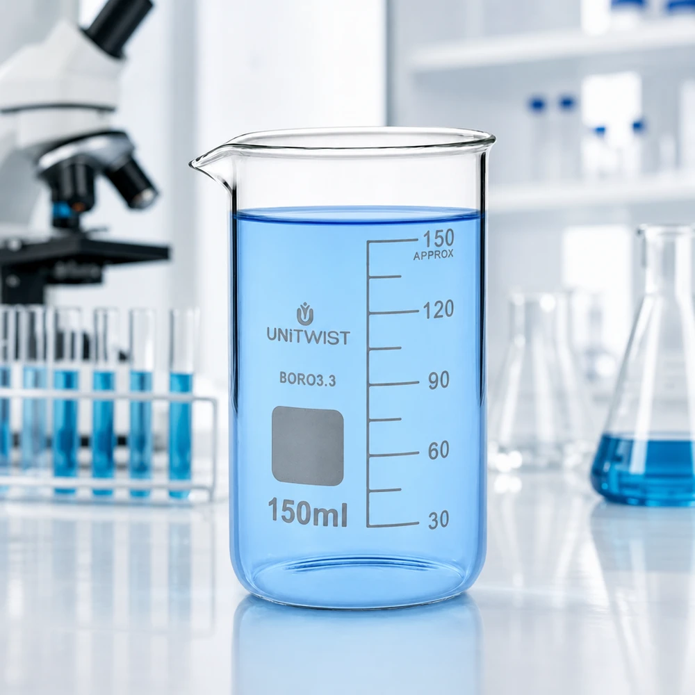 Bécher 150ml borosilicate, forme haute UNITWIST UNITWIST, bécher en verre borosilicaté de 150 ml, forme haute, avec bec verseur et zone d'étiquetage inscriptible