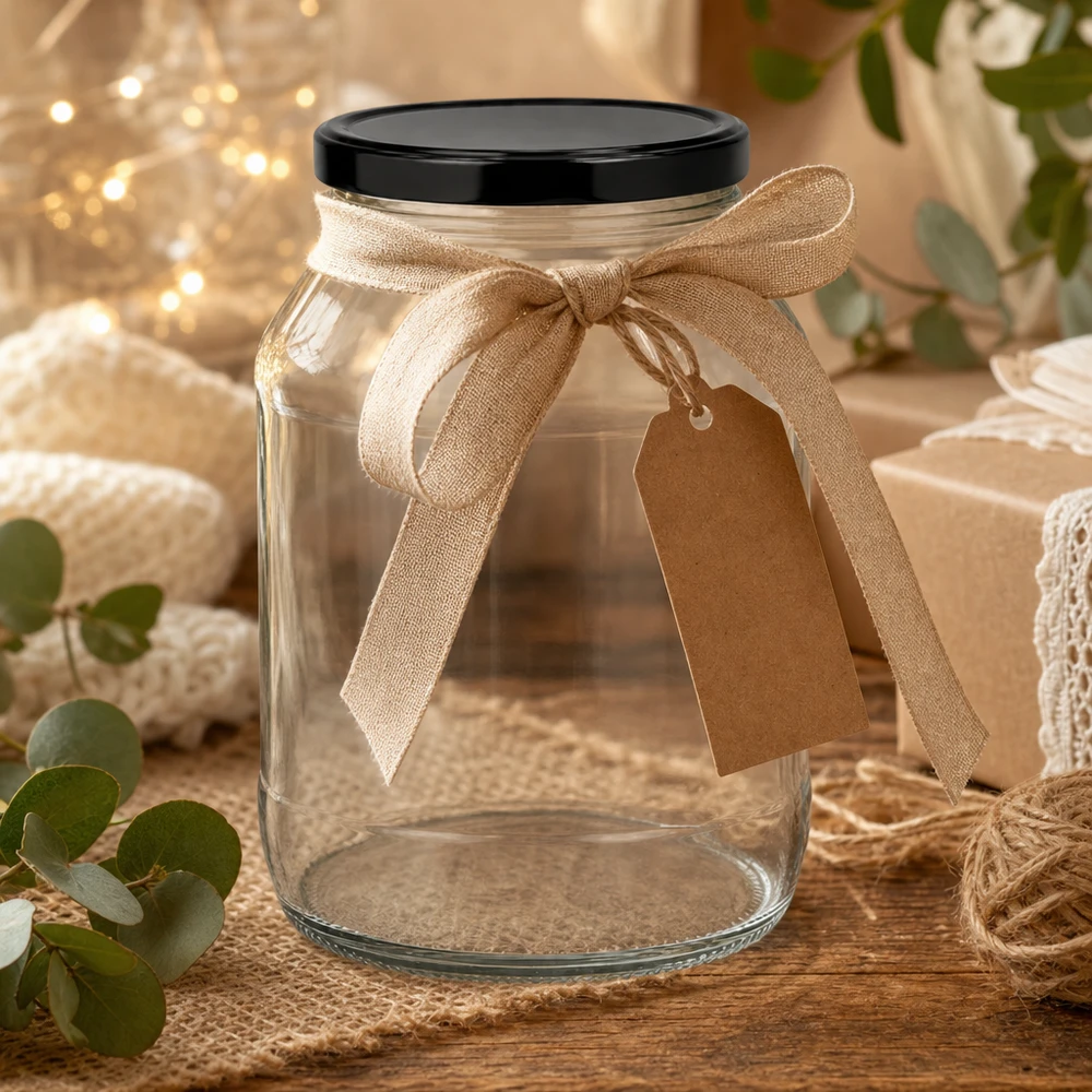 2650ml Verre rond avec couvercle BasicSeal noir UNiTWIST Grand bocal rond de 2650 ml avec couvercle noir, décoré d'un ruban beige et d'un pendentif, dans une ambiance rustique.