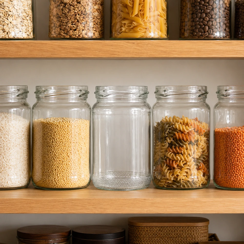 110ml Verre rond sans couvercle (TO48) UNiTWIST Des bocaux en verre ronds vides de 110 ml dans une cantine de cuisine organisée à côté de bocaux à provisions remplis de céréales.