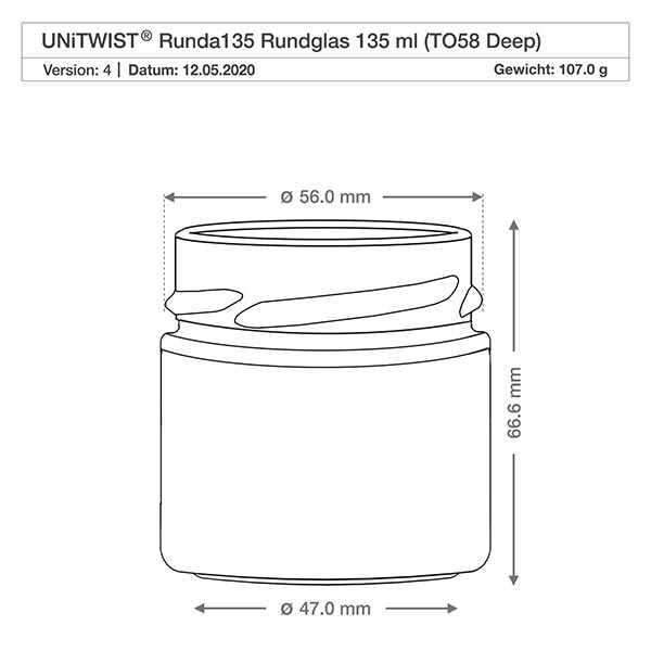 135ml Verre rond sans couvercle (TO58deep) UNiTWIST UNiTWIST Runda135 verre rond 135ml TO58 Deep dessin technique avec dimensions 56mm diamètre 66,6mm hauteur
