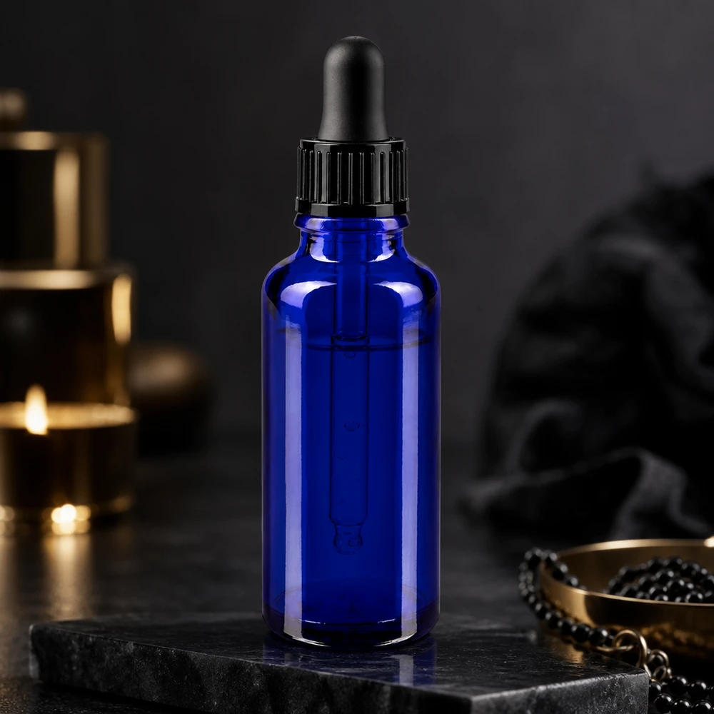 Flacon de pharmacie bleu cobalt de 30 ml avec bouchon à pipette noir, accompagné d'accessoires dorés