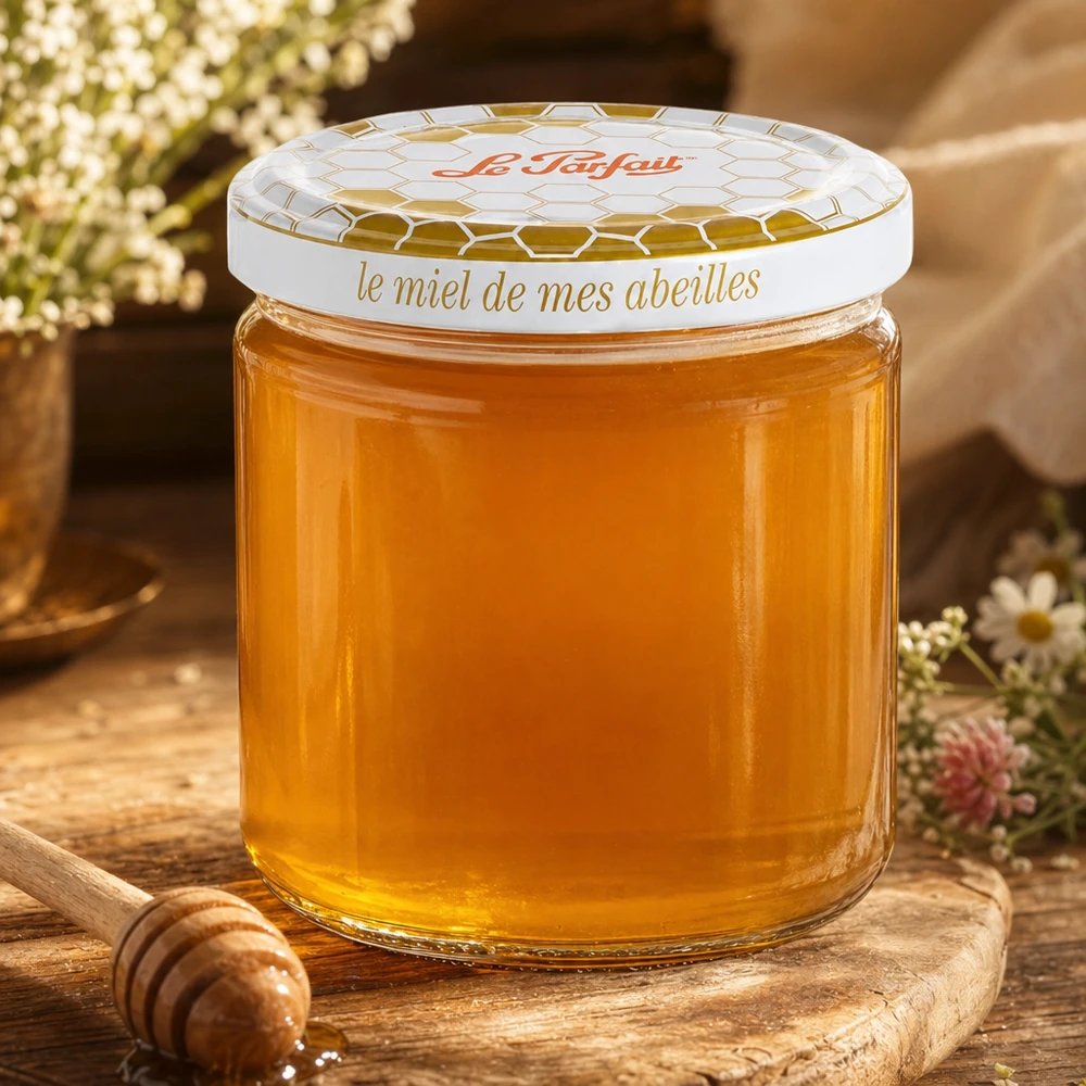 Le Parfait® pot miel 212 ml Ø63 mm Le Parfait Honey Pot de réserve 212ml rempli de miel doré sur planche en bois avec cuillère à miel et fleurs