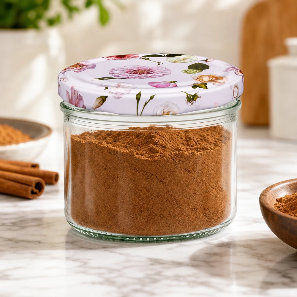 Bocal à provisions 230ml avec couvercle rose fleuri rempli de cannelle - Conservation d'épices dans la cuisine avec des bâtons de cannelle