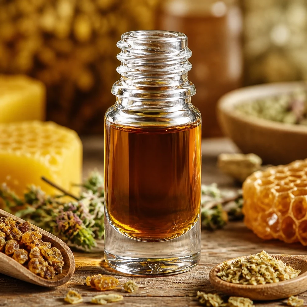 Flacon en verre transparent 5ml DIN 18 Bouteille de pharmacie 5ml ApoGlas de haute qualité avec contenu couleur miel sur une table en bois rustique