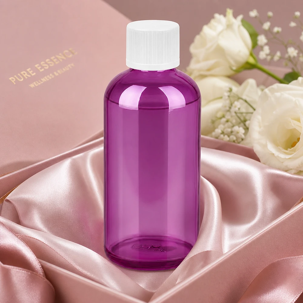 Bouteille 100ml 11mm bouchon à vis blanc standard à l'épreuve des enfants PurpleLine. UT18/100 Bouteille légère en plastique violet de 100 ml pour les voyages et les déplacements avec bouchon anti-fuite