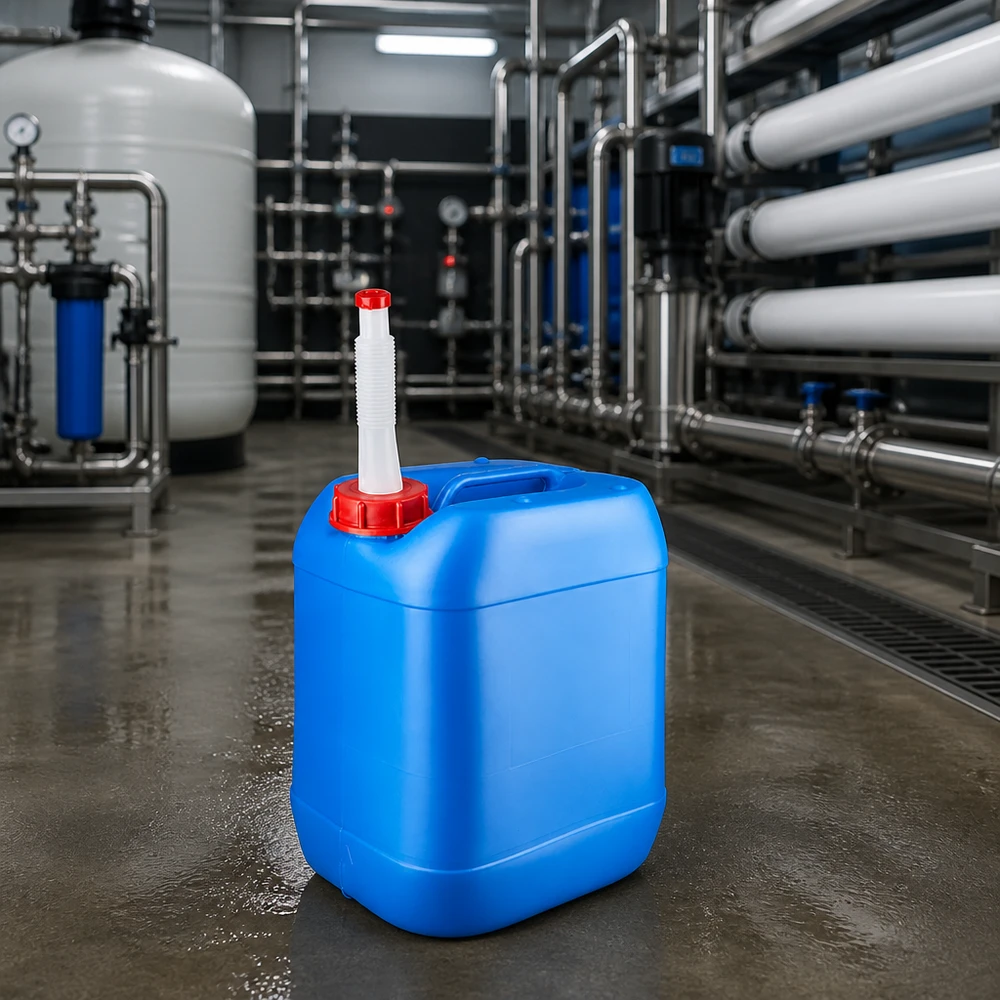 Bidon en plastique de 20 litres, adapté au contact alimentaire, avec poignée encastrée et goulot de remplissage flexible, bleu